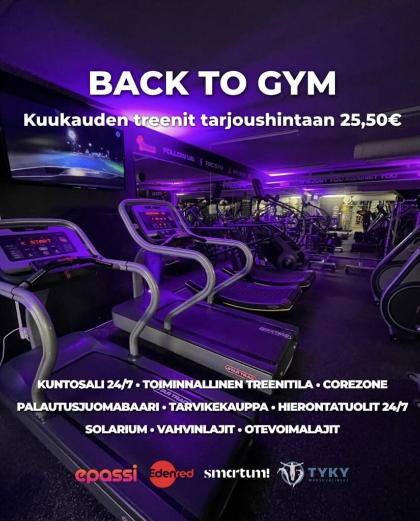 Haminan FPC GYM - kuntosali, jossa on juoksumattoja ja kuntolaitteita, valaistus on violettia ja moderni.